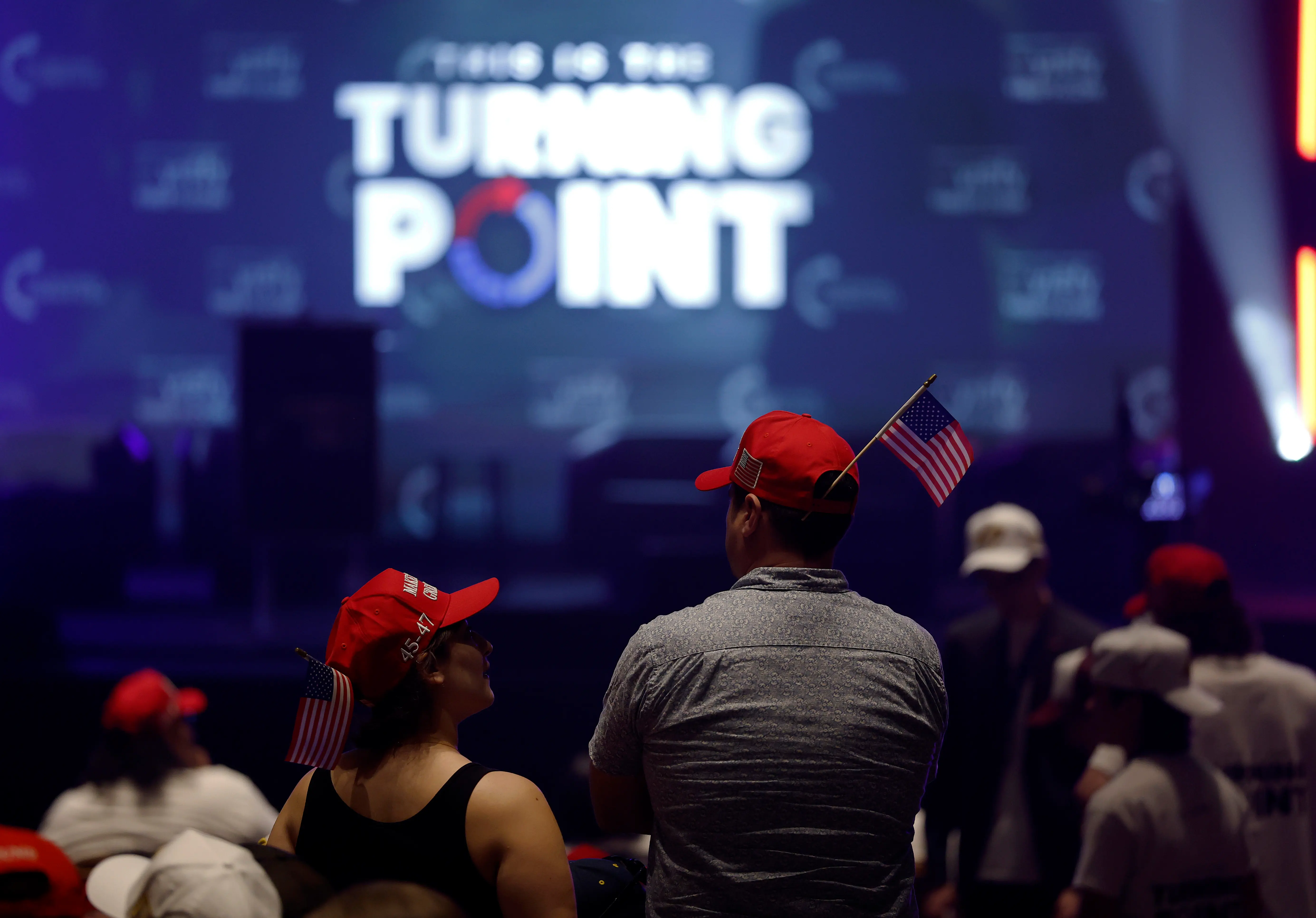 BERKELEY, CALIFORNIA - NOVEMBER 10: Attendees gather before the start of a Turning Point USA event at the University of California, Berkeley (UC Berkeley) on November 10, 2025 in Berkeley, California. Two months after Turning Point USA founder Charlie Kirk was killed, the tour made a stop in California at UC Berkeley. (Photo by Justin Sullivan/Getty Images)