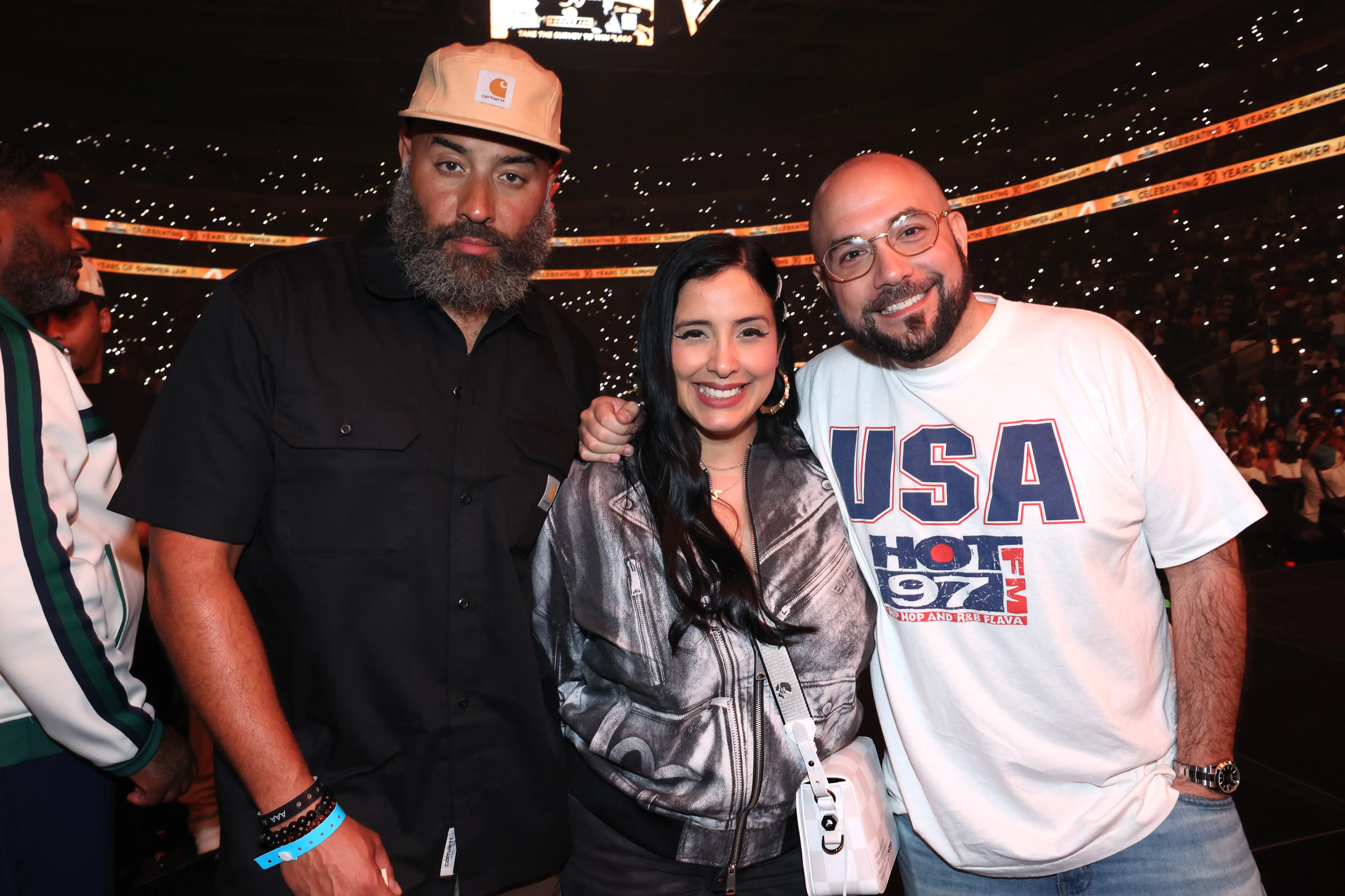 NEW YORK, NEW YORK - JUNE 02: Ebro, Laura Stylez, and Peter Rosenberg attend Hot 97 Summer Jam 2024 at UBS Arena on June 02, 2024 in New York City. (Photo by Johnny Nunez/WireImage)