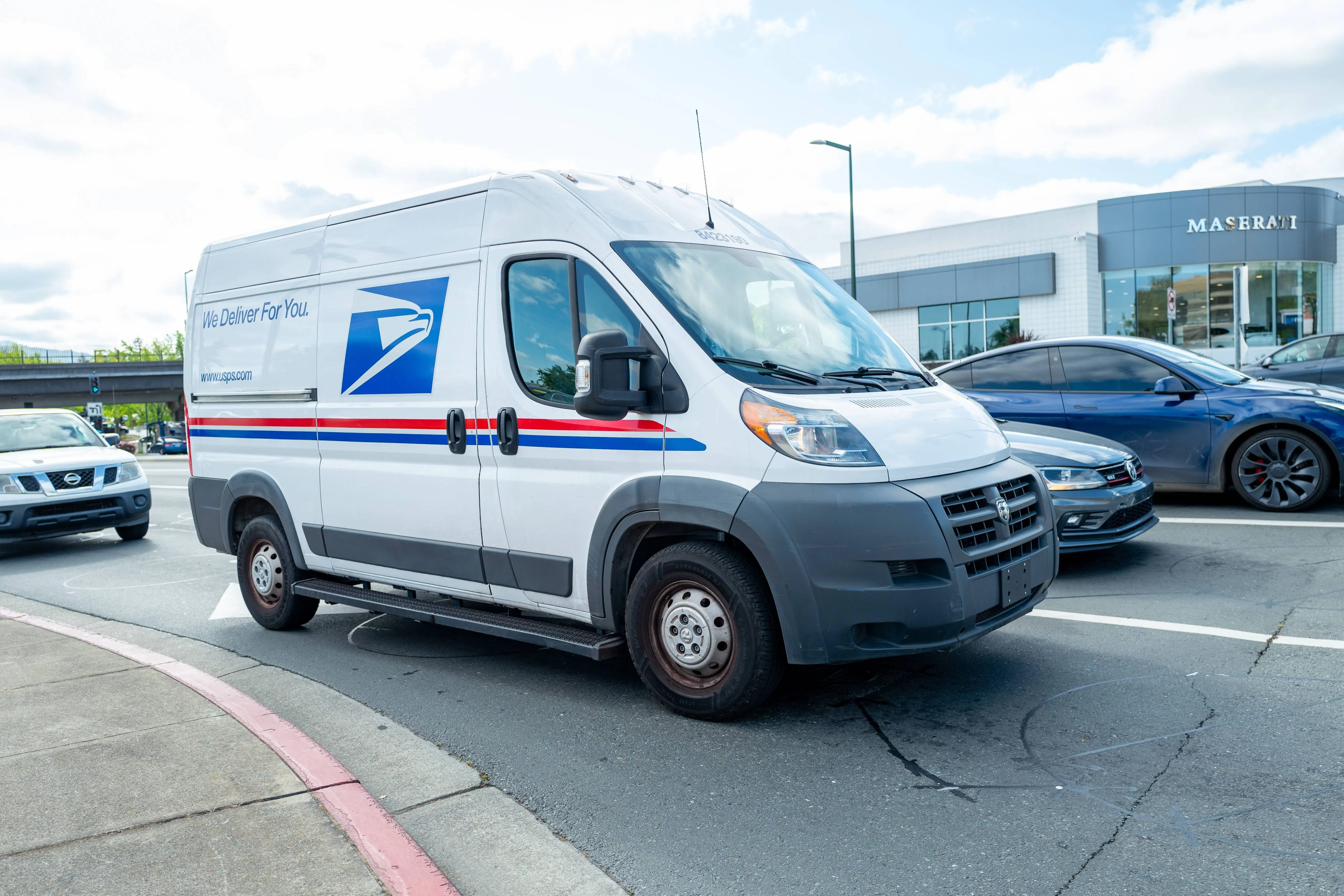 Modern USPS mail truck in Walnut Creek, California with streamlined design, April 8, 2025. (Photo by Smith Collection/Gado/Getty Images)