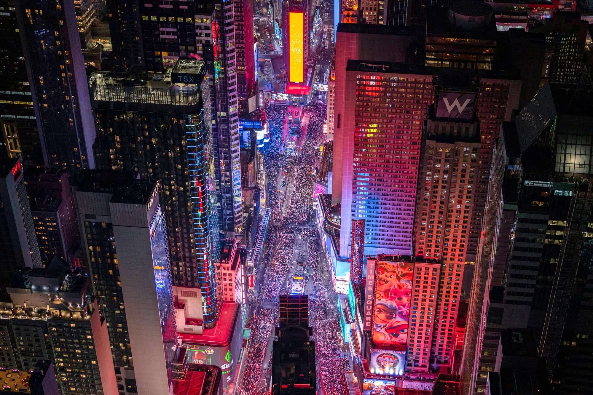 An aerial view of New Year's Eve in Times Square on December 31, 2023 in New York City. (Photo by Craig T Fruchtman/Getty Images)