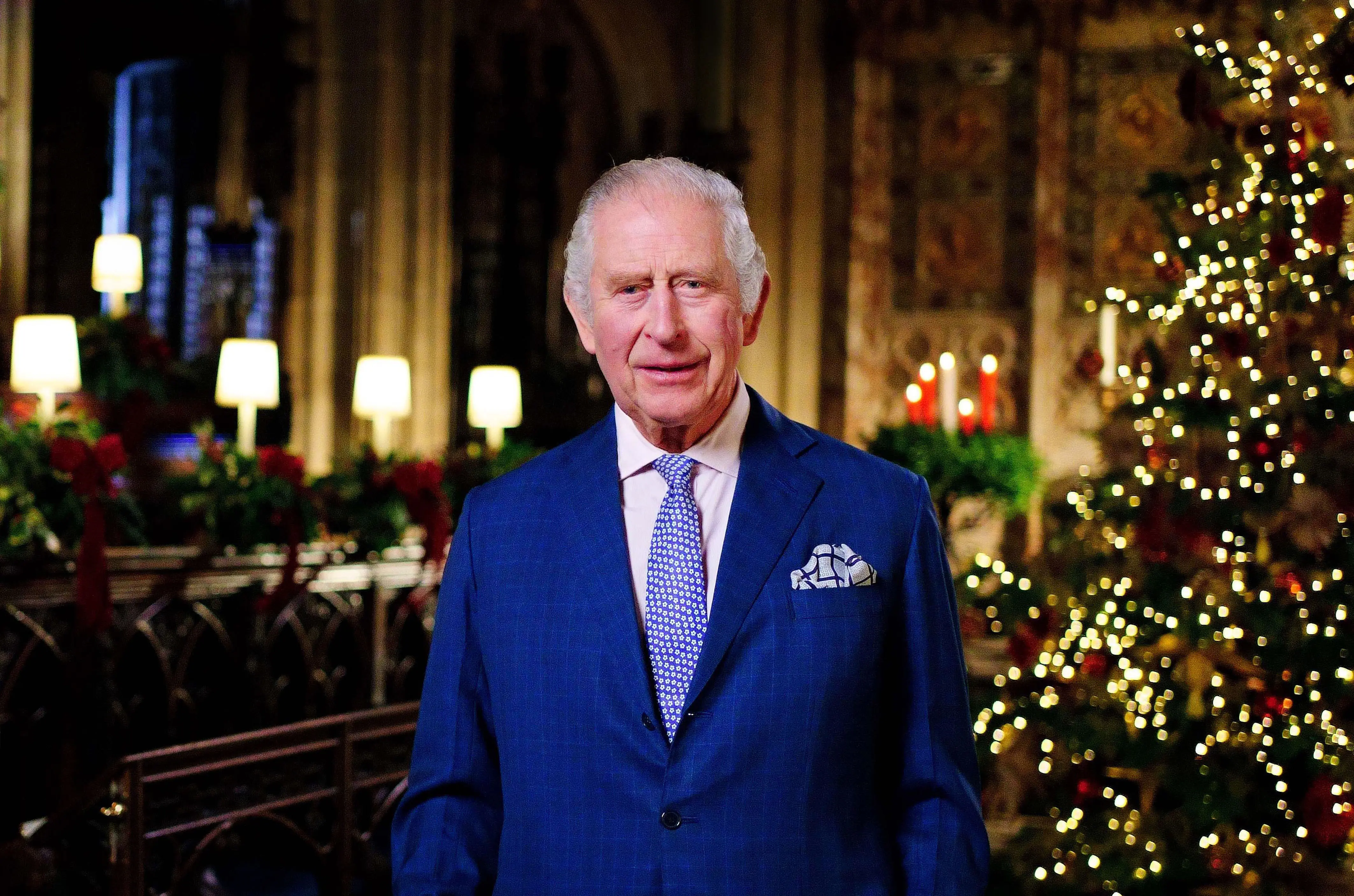 WINDSOR, ENGLAND - DECEMBER 13: In this image released on December 23, King Charles III is seen during the recording of his first Christmas broadcast in the Quire of St George's Chapel at Windsor Castle, on December 13, 2022 in Windsor, England. (Photo by Victoria Jones - Pool/Getty Images)