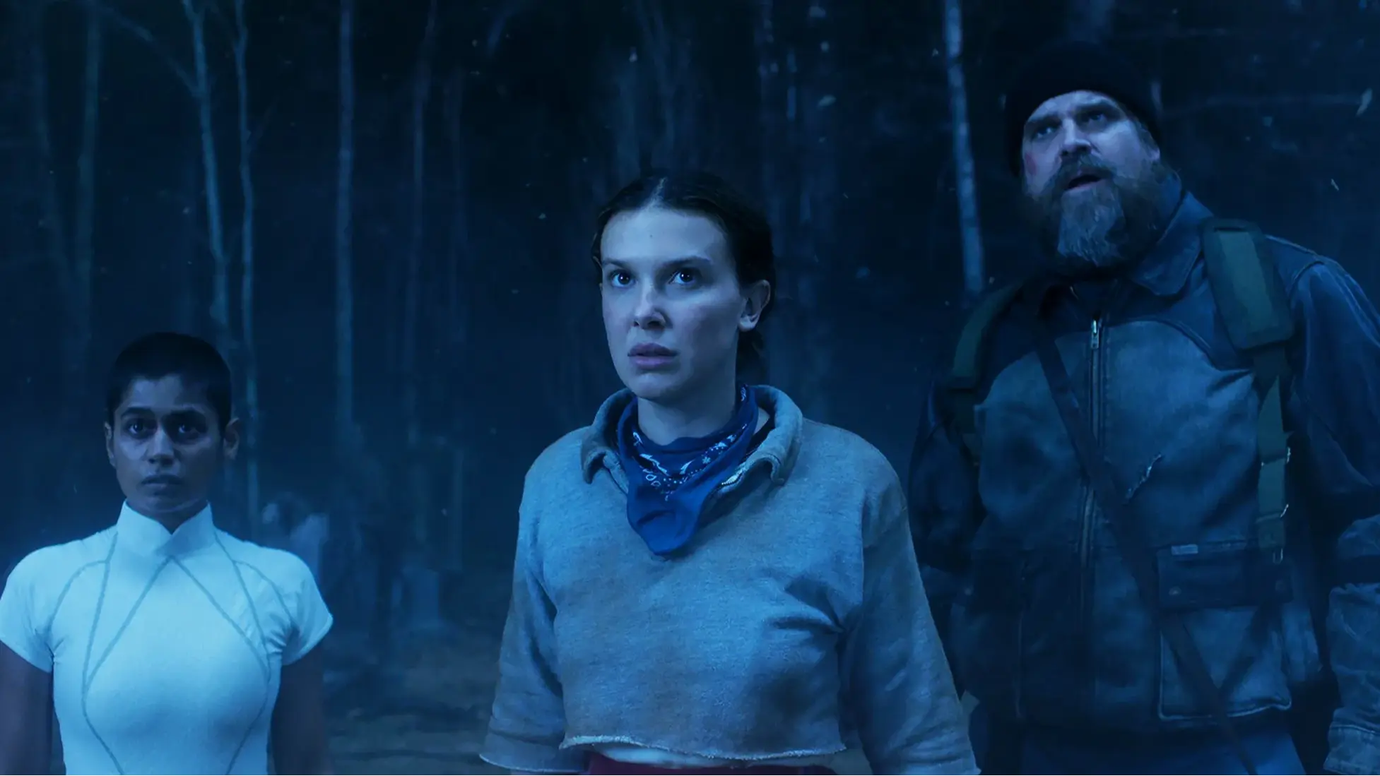 Linnea Berthelsen as Kali, Millie Bobby Brown as Eleven, and David Harbour as Hopper on Stranger Things 5..IMAGE COURTESY OF NETFLIX © 2025