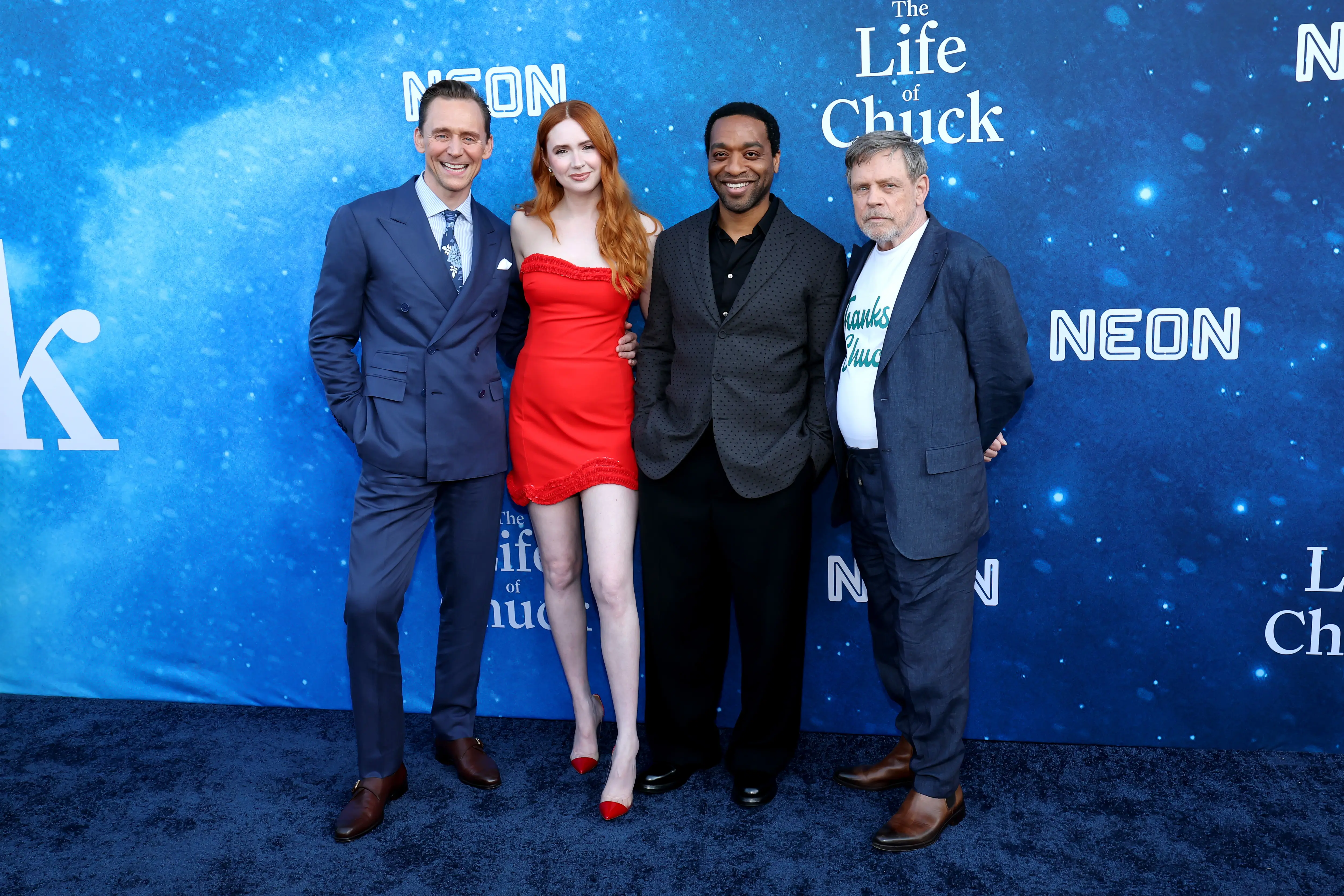 LOS ANGELES, CALIFORNIA - JUNE 02: (L-R) Tom Hiddleston, Karen Gillan, Chiwetel Ejiofor and Mark Hamill attend the Los Angeles Premiere of Neon's "The Life Of Chuck" at Hollywood Legion Theater on June 02, 2025 in Los Angeles, California. (Photo by Amy Sussman/Getty Images)