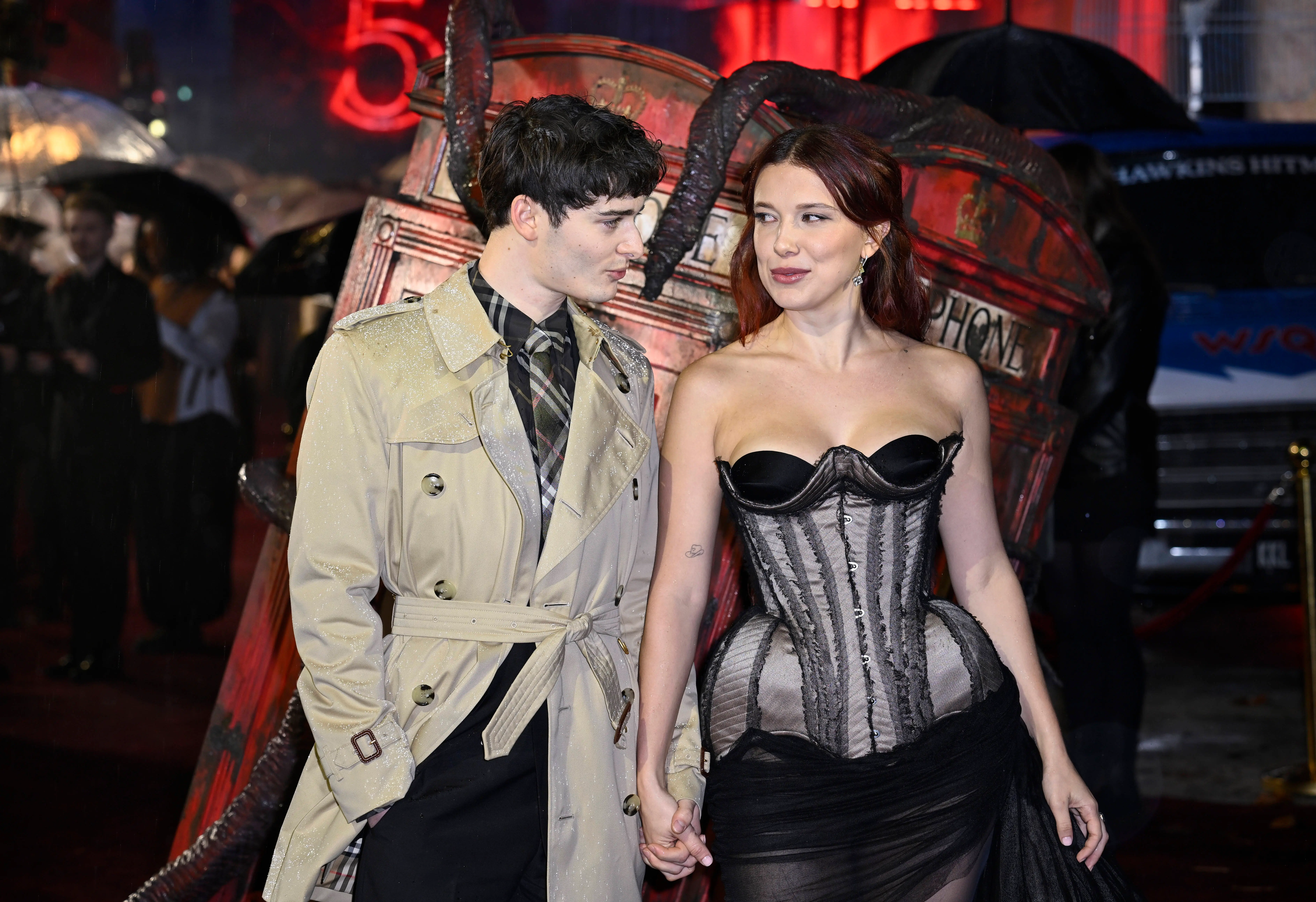 LONDON, ENGLAND - NOVEMBER 13: Noah Schnapp and Millie Bobby Brown attend the "Stranger Things 5" UK Special Screening at Odeon Luxe Leicester Square on November 13, 2025 in London, England. (Photo by Gareth Cattermole/Getty Images)