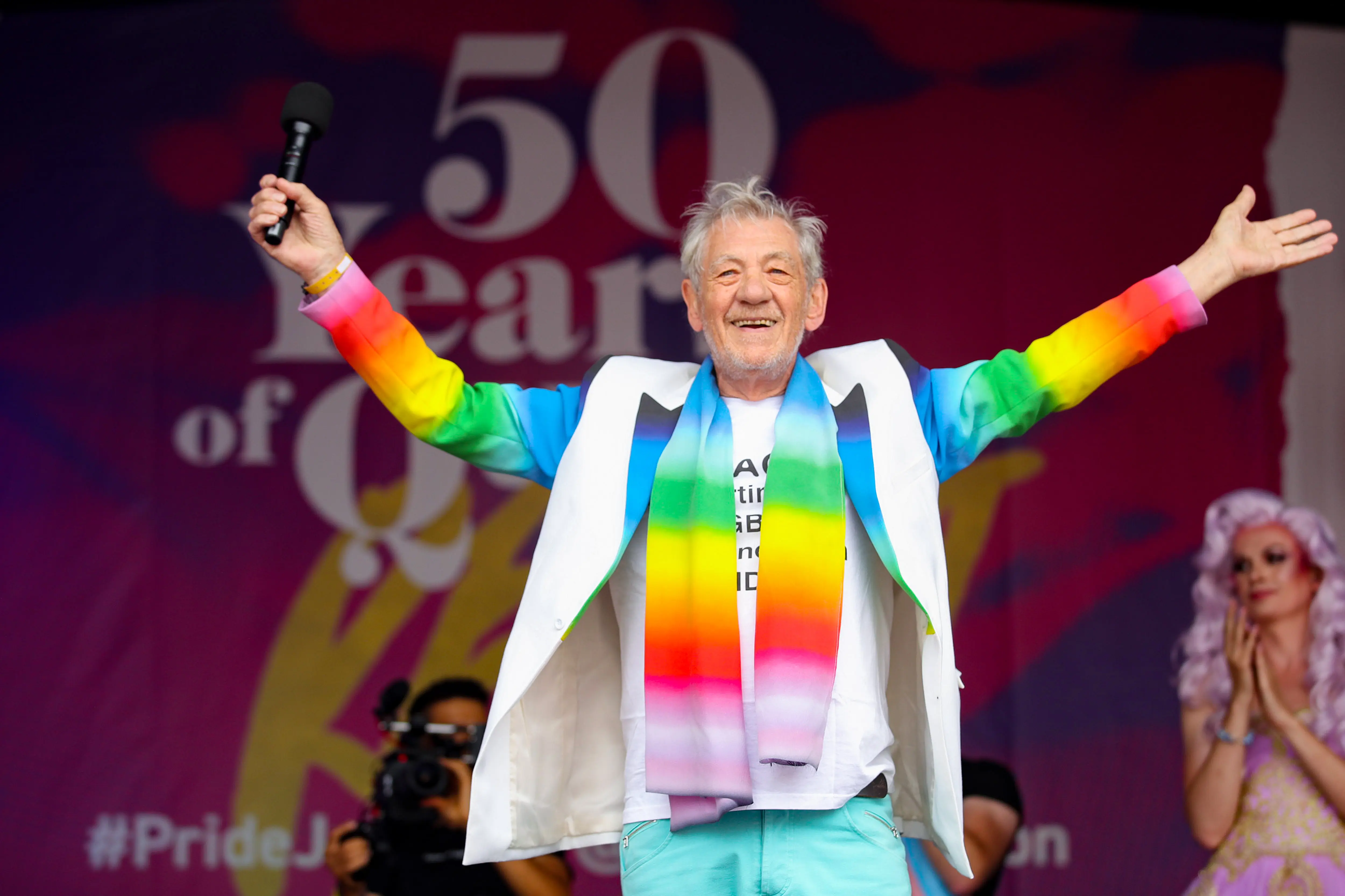 LONDON, ENGLAND - JULY 06: Sir Ian McKellen on stage during Pride in London 2019 at Trafalgar Square on July 06, 2019 in London, England. (Photo by Mike Marsland/WireImage for Pride in London)