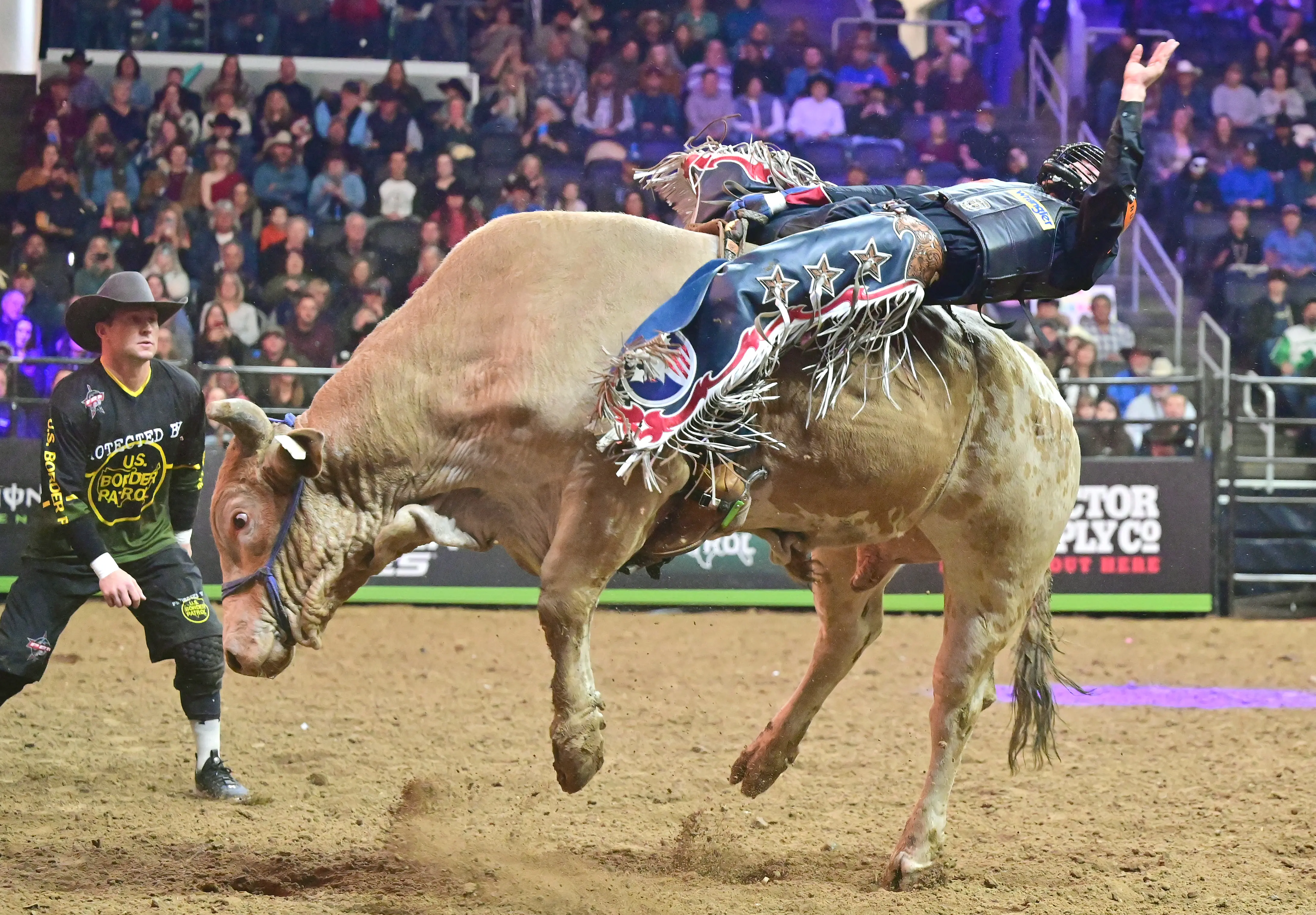 Bullrider Casey Roberts rides the bull Man Hater during the Professional Bullriders St. Louis Invitational Presented by Cooper Tires on December 03, 2022, at Enterprise Center in St. Louis, MO - Source: Getty