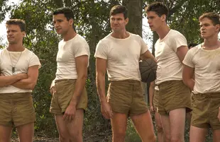 Jon Rudnitsky, Christopher Abbott, Austin Stowell, Pico Alexander and Graham Patrick Martin in Catch-22 (Hulu)