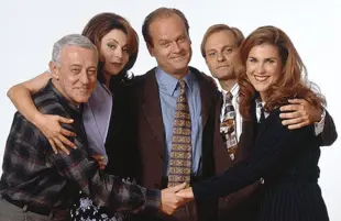 John Mahoney, Jane Leaves, Kelsey Grammer, David Hyde Pierce, and Peri Gilpin starred in Frasier (CBS)