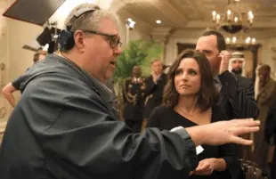 Veep Showrunner David Mandel on set with Julia Louis-Dreyfus and Tony Hale (Photo: HBO)