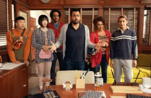 Kal Penn (center) stars in Sunnyside along with Joel Kim Booster, Poppy Liu, Samba Schutte, Diana Marie Riva, and Moses Storm. (Colleen Hayes/NBC)