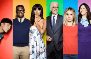 Manny Jacinto, William Jackson Harper, Jameela Jamil, Ted Danson, Kristen Bell and D'Arcy Carden in a promotional image for The Good Place (NBC)