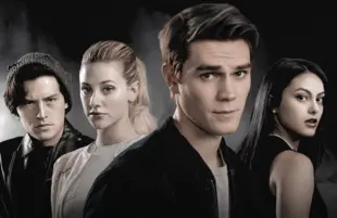 Cole Sprouse, Lili Reinhart, K.J. Apa, and Camila Mendes in a promotional image for Riverdale (The CW)