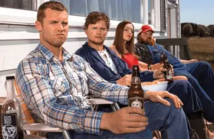 Letterkenny's resident hicks Wayne (Jared Keeso), Daryl (Nathan Dales), Katy (Michelle Mylett) and Dan (K. Trevor Wilson). (Photo: Crave/Hulu)
