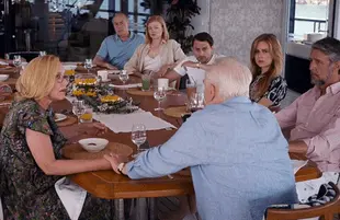 J. Smith-Cameron, Brian Cox, Sarah Snook, Kieran Culkin, Alan Ruck in Succession (HBO)