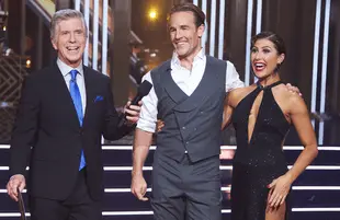 Tom Bergeron, James Van Der Beek and Emma Slater on Dancing with the Stars (ABC)