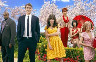Chi McBride, Lee Pace,Anna Friel,  Swoosie Kurtz, Ellen Greene, and Kristin Chenoweth in Pushing Daisies. (ABC)