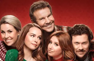 Dennis Quaid with Siobhan Murphy, Bridgit Mendler, Ashley Tisdale and Hayes MacArthur in a promotional image for Merry Happy Whatever. (Netflix)
