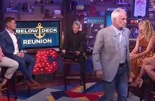 Ashton Pienaar, Andy Cohen, Lee Rosbach, and Kate Chastain in Below Deck. (Bravo)