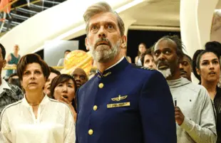 Rebecca Front and Hugh Laurie in Avenue 5. (HBO)