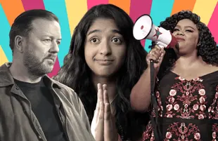 Ricky Gervais in After Life, Maitreyi Ramakrishnan in Never Have I Ever and Nicole Byer in Nailed It!. (Netflix)