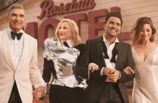Eugene Levy, Catherine O'Hara, Dan Levy, and Annie Murphy in Schitt's Creek. (Pop TV)