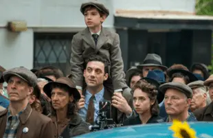 Azhy Robertson, Morgan Spector, and Zoe Kazan in The Plot Against America. (HBO)