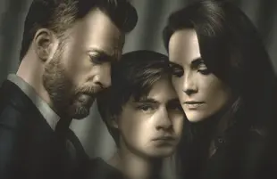 Chris Evans, Jaeden Martell, and Michelle Dockery in Defending Jacob. (Apple TV+)
