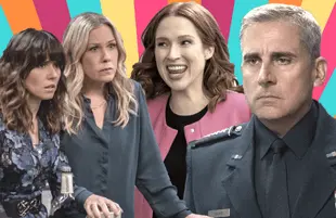 Linda Cardellini and Christina Applegate in Dead to Me, Ellie Kemper in Kimmy Schmidt: Kimmy vs The Reverend and Steve Carell in Space Force. (Netflix)