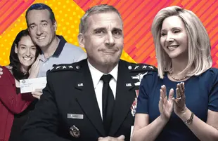 Sian Clifford and Matthew Macfadyen star in Quiz (left), while Steve Carell and Lisa Kudrow headline Space Force. (Photos: AMC, HBO)