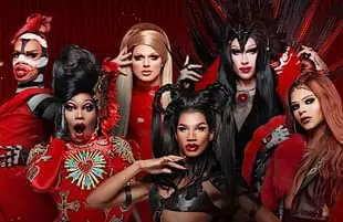 Yvie Oddly, Asia O'Hara, Derrick Barry, Naomi Smalls, Kameron Michaels, and Vanessa Vanjie Mateo in Drag Race: Vegas Revue. (VH1)