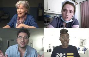 Bette Midler, Kaitlyn Dever, Dan Levy and Issa Rae star with Sarah Paulson in Coastal Elites. (HBO)