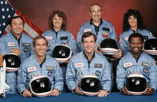 Ellison S. Onizuka, Mike Smith, Christa McAuliffe, Dick Scobee, Gregory Jarvis, Judith Resnik, and Ronald McNair. (NASA)