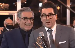 Eugene and Dan Levy accept the Emmy for Outstanding Comedy Series at Sunday night's Emmy Awards. (ABC)
