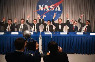 L to R: Micah Stock as Deke Slayton, Jake McDorman as Alan Shepard, Aaron Staton as Wally Schirra, Michael Trotter as Gus Grissom, Patrick J. Adams as John Glenn, Colin O’Donoghue as Gordon Cooper and James Lafferty as Scott Carpenter in The Right Suff. (Photo: Disney+)