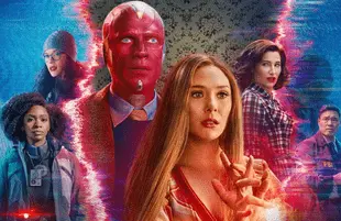 Teyonah Parris, Kat Dennings, Paul Bettany, Elizabeth Olsen, Kathryn Hahn and Randall Park in WandaVision. (Disney+)