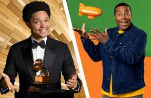 Trevor Noah hosts The 63rd Annual Grammy Awards, Kenan Thompson hosts the 2021 Kids' Choice Awards. (Photos: CBS/Nickelodeon)