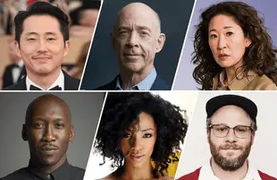 Top row: Steven Yeun, JK Simmons, Sandra Oh. Bottom row: Mahershala Ali, Sonequa Martin-Green, Seth Rogen.