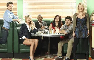 Zachary Knighton, Eliza Coupe, Damon Wayans Jr., Casey Williams, Adam Pally, Elisha Cuthbert of Happy Endings (ABC) 