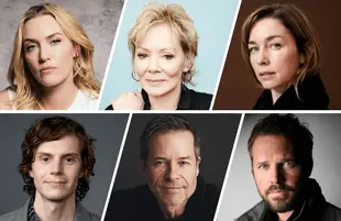 Top row: Kate Winslet, Jean Smart, Julianne Nicholson. Bottom row: Evan Peters, Guy Pearce, David Denman.
