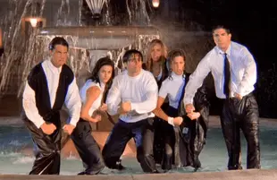 Wet and miserable: Matthew Perry, Courtney Cox, Matt LeBlanc, Lisa Kudrow, Jennifer Aniston and David Schwimmer strike a pose in the fountain.