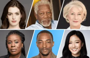 Top row: Anne Hathaway, Morgan Freeman, Helen Mirren; Bottom row: Uzo Aduba, Anthony Mackie and Constance Wu.