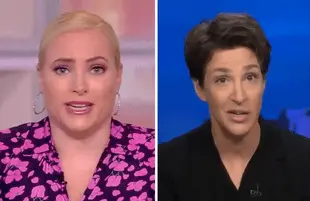 Meghan McCain took issue with Rachel Maddow's "irrational" reaction to the CDC's new mask guidance Monday on The View (Photos: ABC/MSNBC)