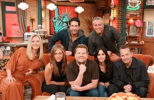 James Corden and the cast of <i>Friends</i> on the Central Perk set. (Photo: CBS)
