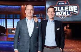 Peyton and Cooper Manning host NBC's Capital One College Bowl. (Photo by: Chris Haston/NBC)