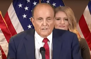 Rudy Giuliani during his infamous hair dye press conference. (Photo: Comedy Central)