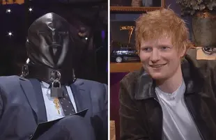 Ed Sheeran taught James Corden all about gimp masks last night on The Late Late Show. (Photos: CBS)