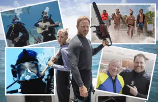 Brad Paisley, Tiffany Haddish, Tara Reid, Ian Ziering, the Jackass crew and William Shatner are all set to make Shark Week appearances this year. (Photos: Discovery)