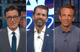 Stephen Colbert and Seth Meyers took turns taking down Don Jr. Monday night. (Photos: CBS/NBC)