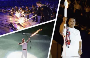 Clockwise from top: The lighting of the Olympic Cauldron in London 2012, Atlanta 1996, and Barcelona 1992.