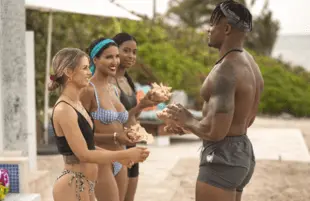Sarah Emig, CJ Franco and Nakia Renee attempt to determine whether Jared Motley is a nice guy or an FBoy. (Julie Corsetti/HBO Max) 